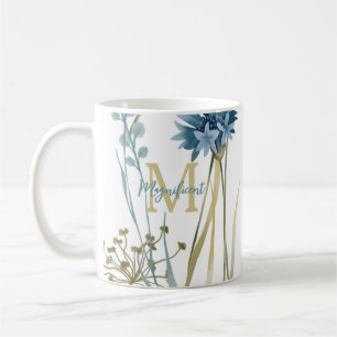 Monogram Floral Light Blue Gold White Coffee Mug