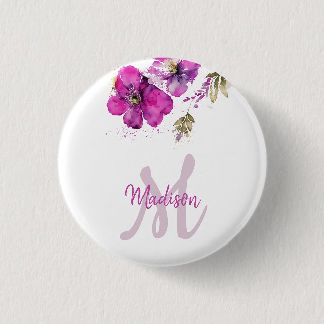 Monogram Floral Magenta 3 Cm Round Badge (Front)