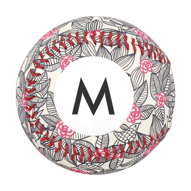 Monogram Floral pattern with cartoon birds 2 Baseball (Front Left)