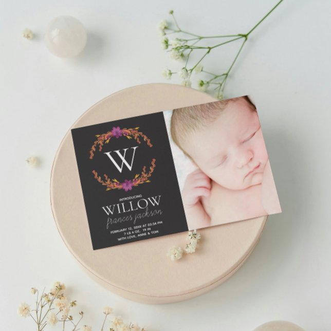 Monogram Floral Photo Newborn Girl Personalised Announcement (Creator Uploaded)
