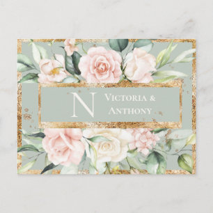 Monogram Floral Pink Gold Watercolor Thank You Postcard