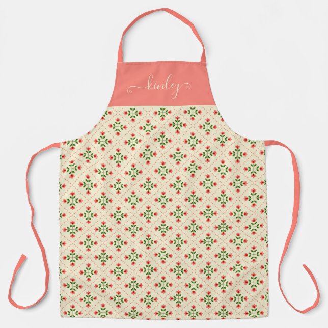 Monogram | Floral Pink & Green Quilt Folk Art Apron (Front)