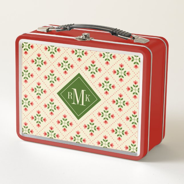 Monogram | Floral Pink & Green Quilt Folk Art Metal Lunch Box (Front)