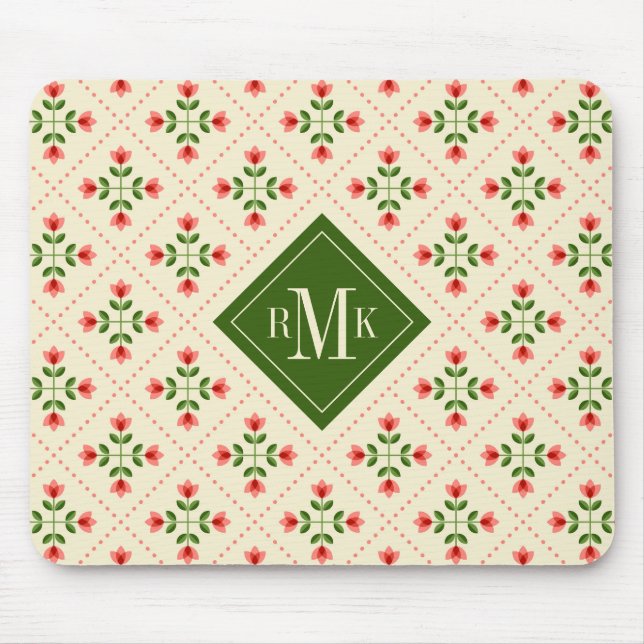Monogram | Floral Pink & Green Quilt Folk Art Mouse Pad (Front)