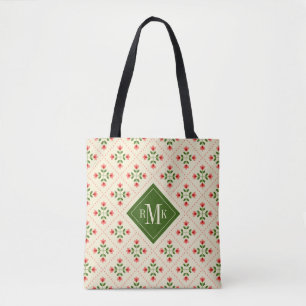 Monogram Floral Pink & Green Quilt Folk Art Tote Bag