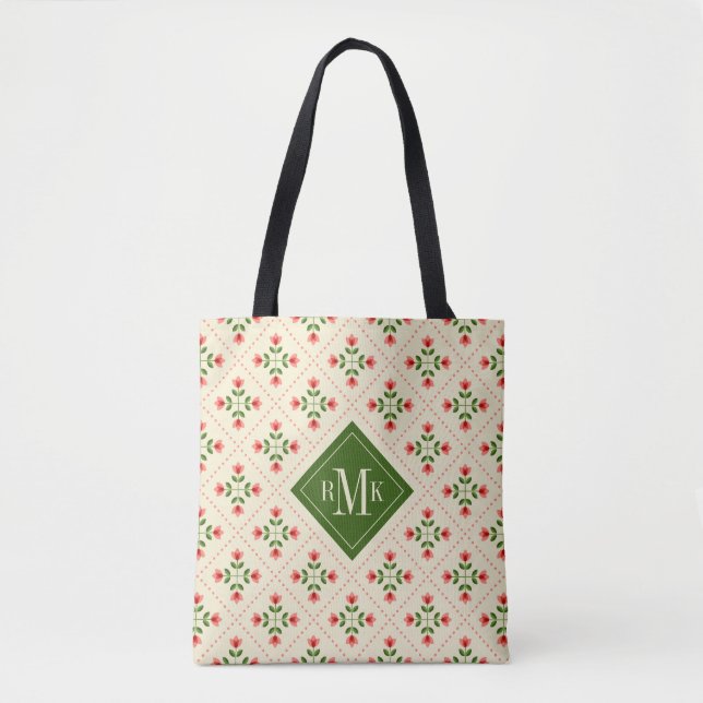 Monogram | Floral Pink & Green Quilt Folk Art Tote Bag (Front)