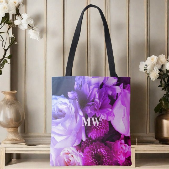 Monogram floral pink purple blue bouquet photo  tote bag (Creator Uploaded)