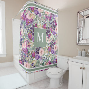 Monogram Floral Pink Purple Boho Green Shower Curtain