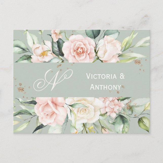Monogram Floral Pink Watercolor Save the Date Postcard (Front)