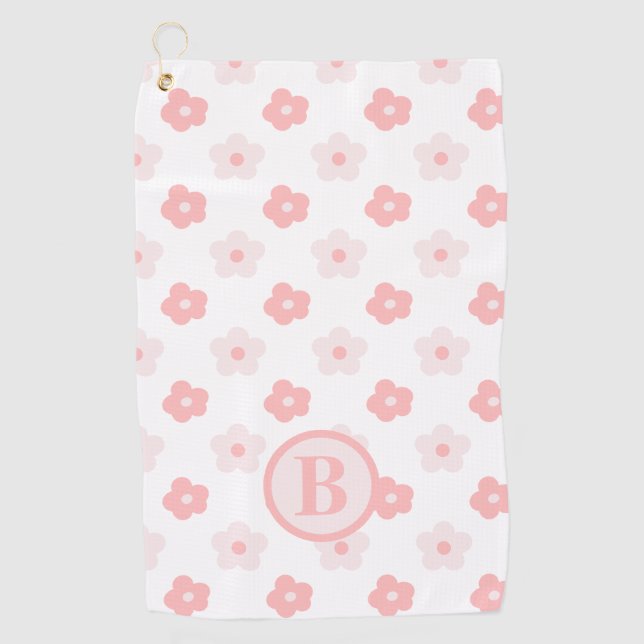Monogram Floral Pink white Personalised Golf Towel (Front)