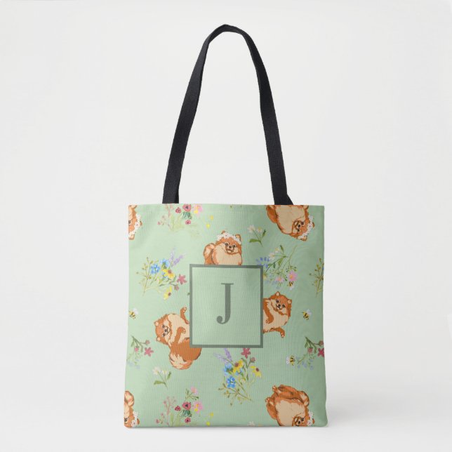 Monogram Floral Pomeranian Pattern Green Tote Bag (Front)