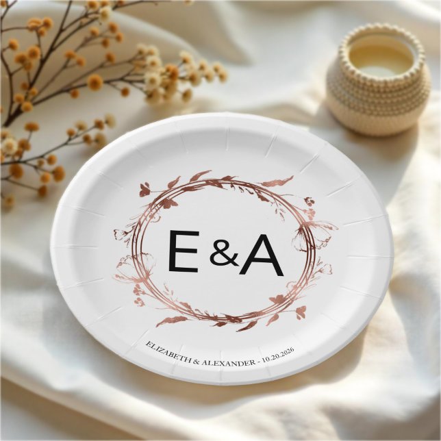 Monogram Floral Rose Gold Foil Wedding Paper Plate (Creator Uploaded)