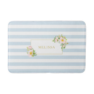 Monogram Floral Shabby Chic Pastel Blue Stripes Bath Mat