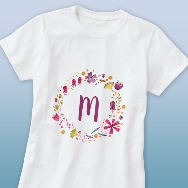 Monogram Floral T-Shirt (Watercolor floral circle modern monogram initial personalized t-shirt)