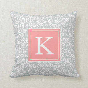 Monogram Floral Vineyard in Pink Coral and Grey Cushion