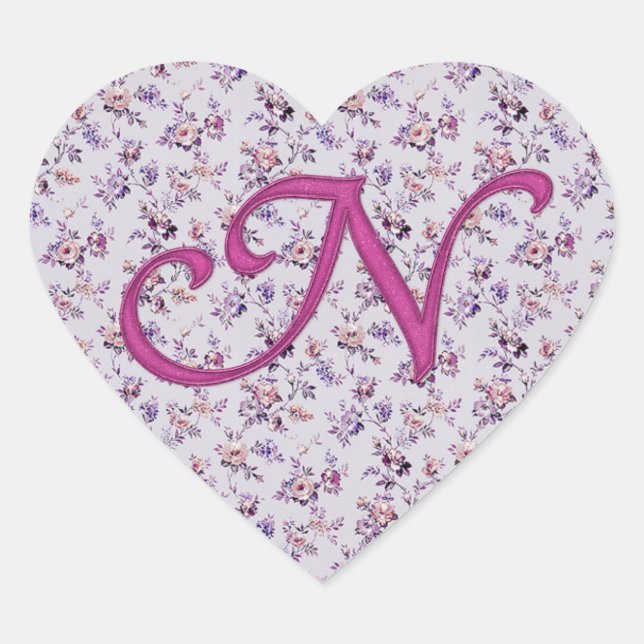 Monogram Floral Vintage N Heart Sticker (Front)