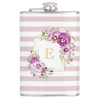 Monogram Floral Vintage Pansies Purple Stripes Hip Flask