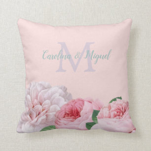 Monogram Floral Vintage Pink Roses Couples Name Cushion