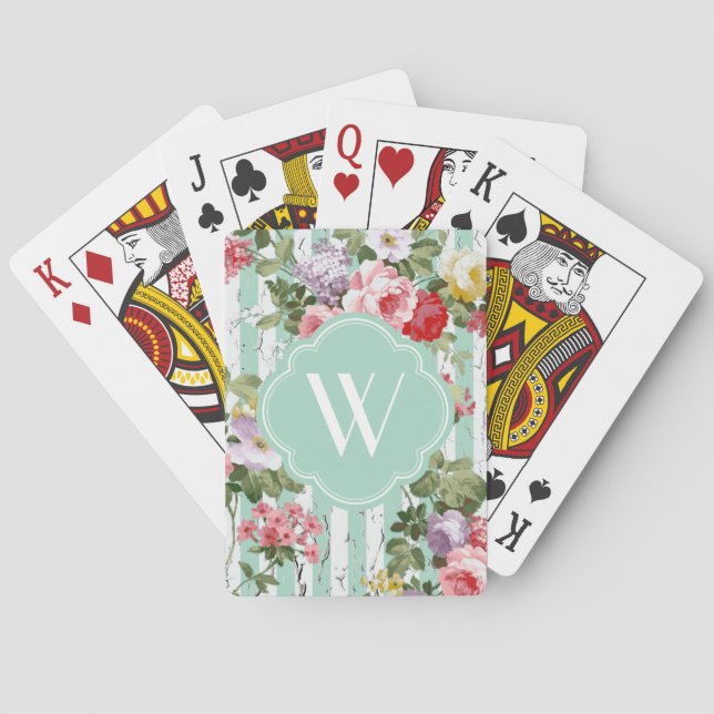 Monogram Floral Weathered Green Stripe Playing Cards (Back)