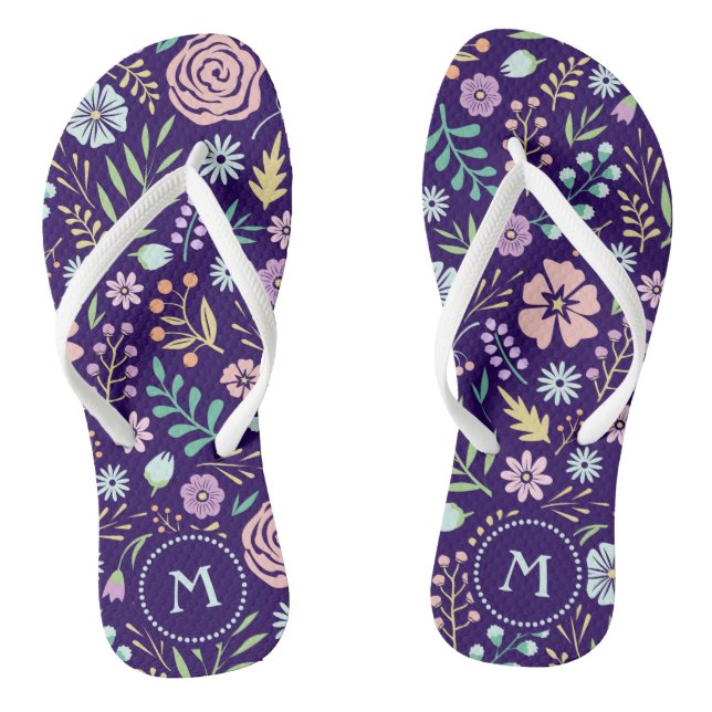 Monogram Floral Whimsical Boho Pattern Flip Flops (Footbed)