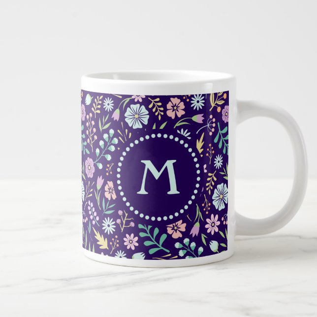 Monogram Floral Whimsical Boho Pattern Jumbo Mug (Right)