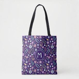 Monogram Floral Whimsical Boho Pattern Tote Bag