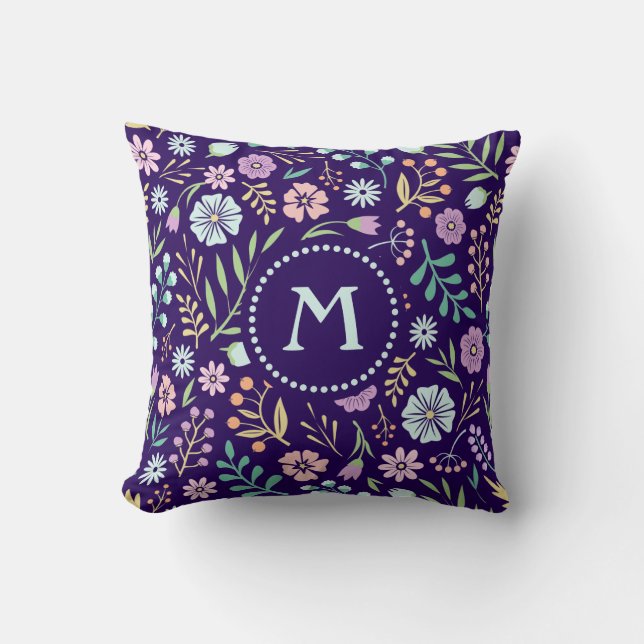 Monogram Floral Whimsical Boho Throw Pillow (Front)
