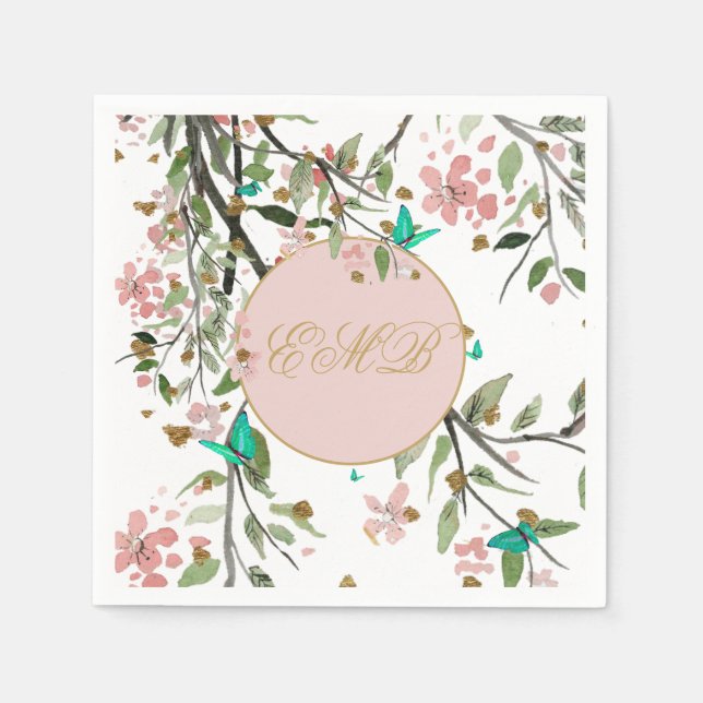 Monogram Floral White Pink  Elegant Gold Birthday Napkin (Front)