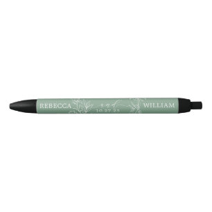 Monogram Floral Wildflowers Wreath Sketched Green Black Ink Pen