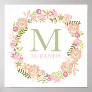 Monogram Floral Wreath Poster