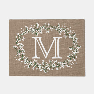 Monogram Floral Wreath & Rustic Burlap Effect Doormat