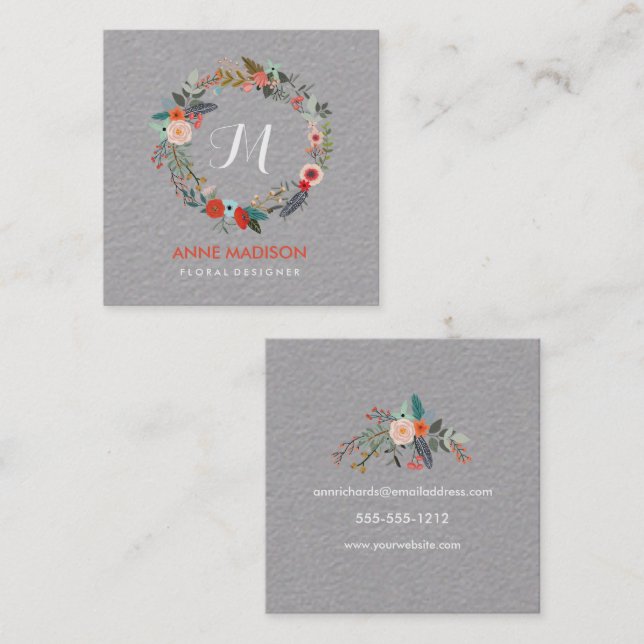 Monogram Floral Wreath Square Business Card (Front/Back)