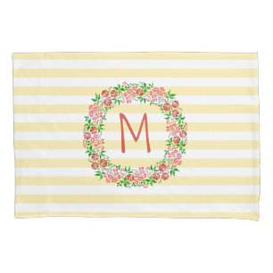 Monogram Floral Wreath Watercolor Stripes Pretty Pillowcase