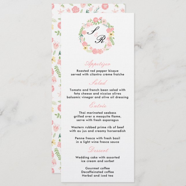 Monogram Floral Wreath Wedding Party Menu Invitation (Front/Back)