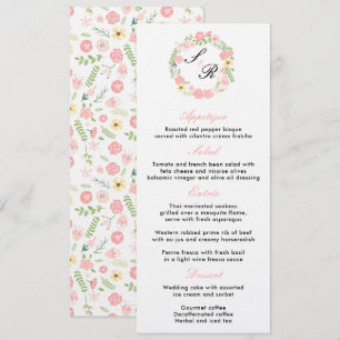 Monogram Floral Wreath Wedding Party Menu Invitation
