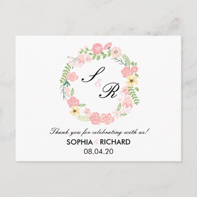 Monogram Floral Wreath Wedding Thank you Postcard (Front)