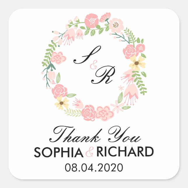 Monogram Floral Wreath Wedding Thank You Sticker (Front)