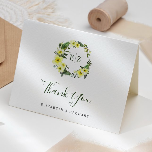 Monogram Floral Yellow Green Wedding Thank You Card (Creator Uploaded)
