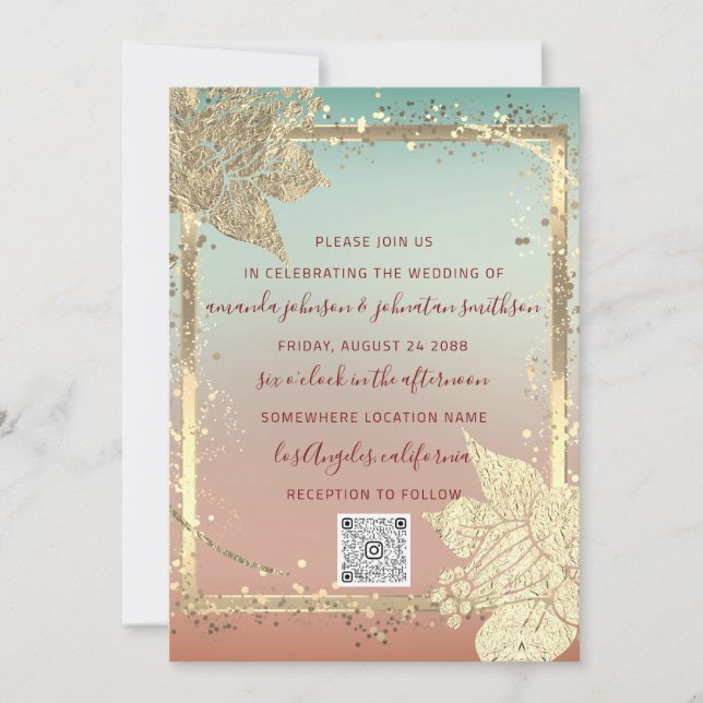 Monogram Florals Faux Gold Frame QR Code Ombre  Invitation (Front)
