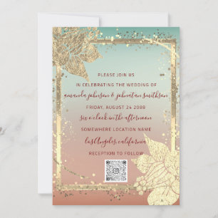Monogram Florals Faux Gold Frame QR Code Ombre  Invitation