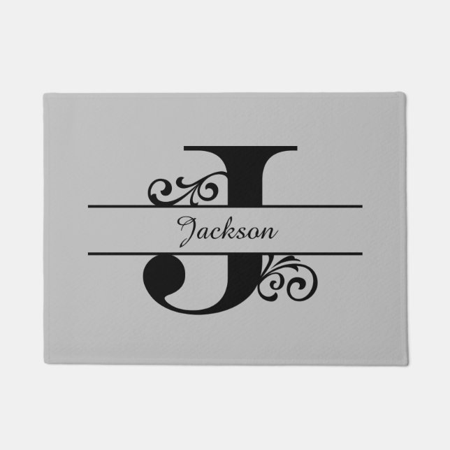 Monogram Flourish Letter J with Name Doormat (Front)
