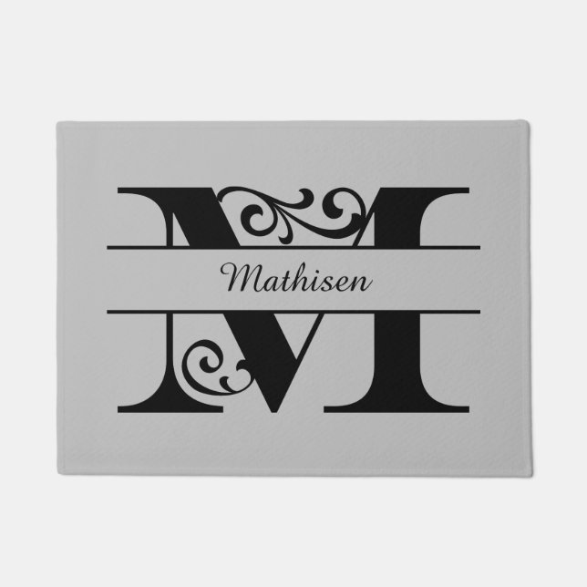 Monogram Flourish Letter M with Name Doormat (Front)
