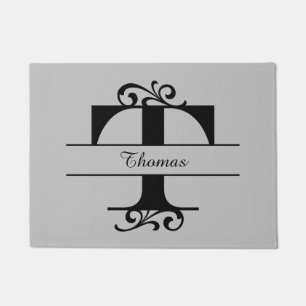Monogram Flourish Letter T with Name Doormat