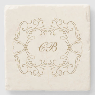Monogram Flourish Wreath Gold Wedding Keepsake Stone Coaster