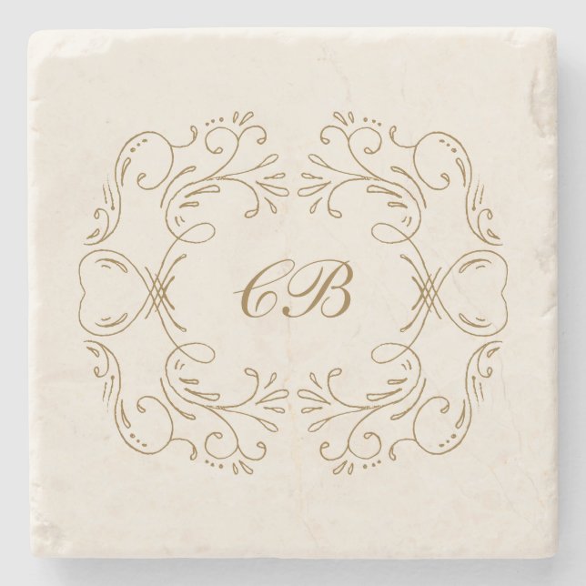 Monogram Flourish Wreath Gold Wedding Keepsake Stone Coaster (Front)