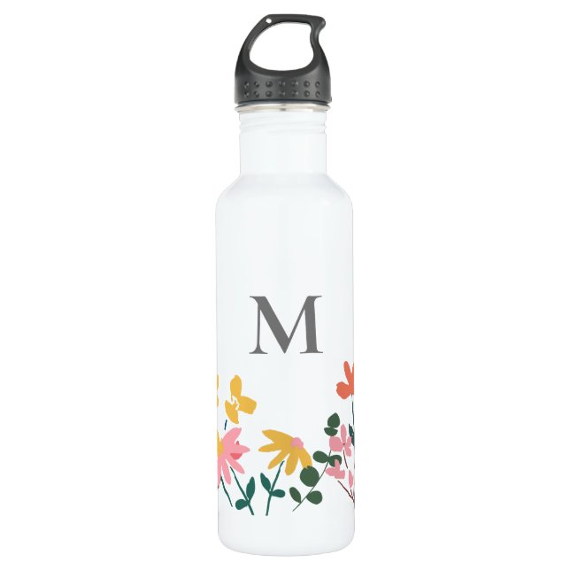 Monogram Flower Art Personalised 710 Ml Water Bottle (Front)