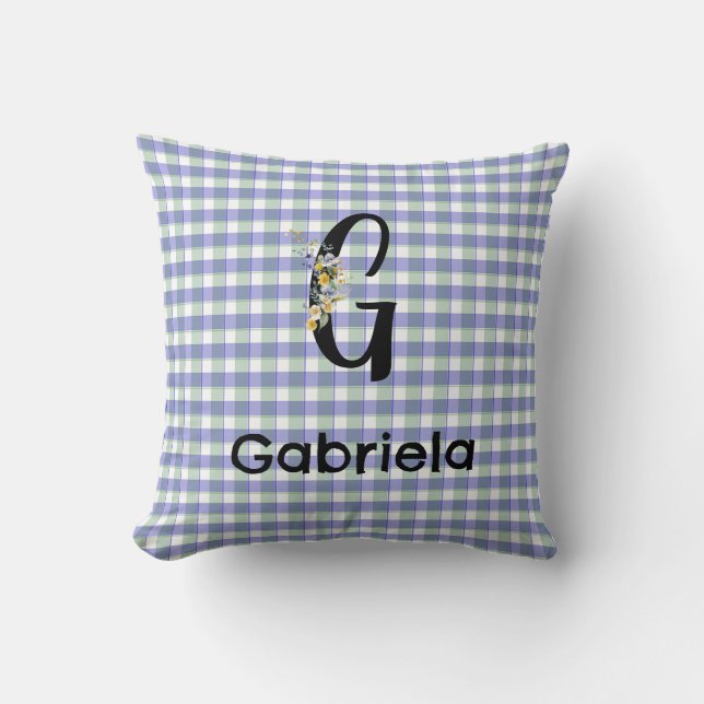 Monogram  flower gingham blue green pattern cushion (Front)