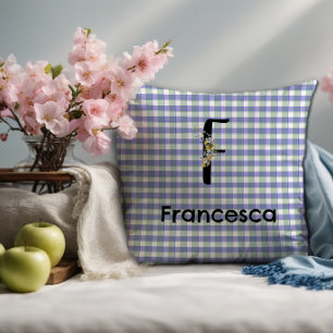 Monogram flower gingham blue green pattern cushion