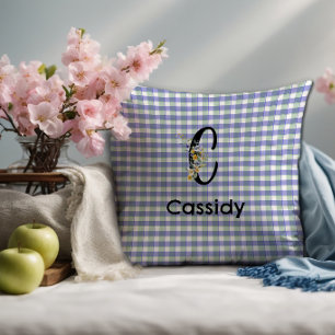 Monogram flower gingham blue green pattern cushion
