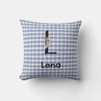 Monogram flower gingham blue green pattern cushion